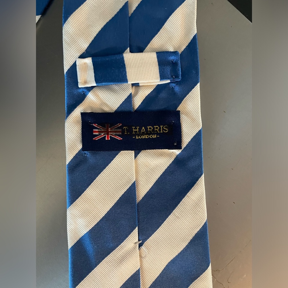 New T Harris blue and white stripped tie